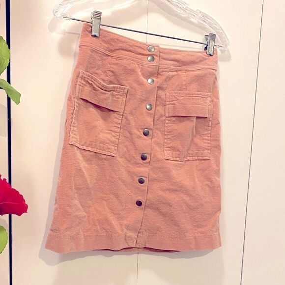 🌷 Tristan 🌷 Peach Coral Pink Corduroy Button Up Skirt - Picture 3 of 6